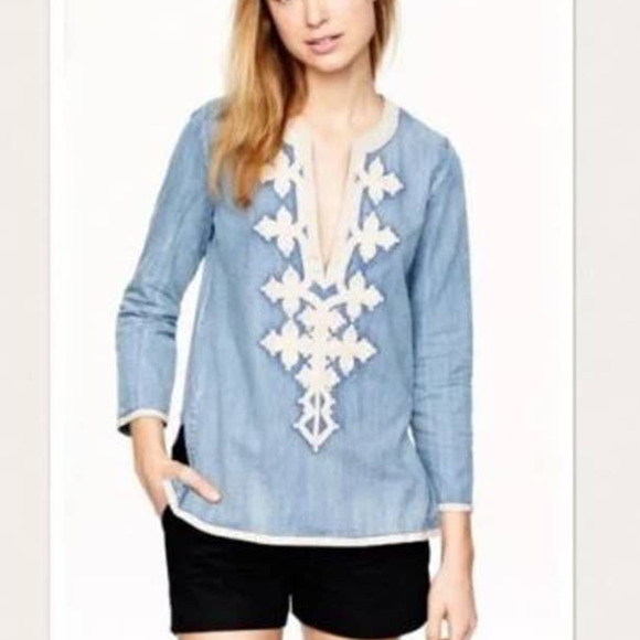 J. Crew Womens Denim Soutache Embroidered V-Neck Tunic Top Size 2 Blue - Picture 1 of 9